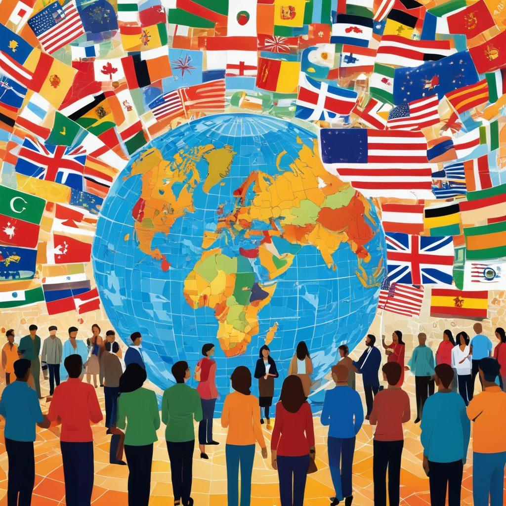 A vibrant mosaic depicting a diverse group of expats interacting in a bustling community center, with flags from various countries displayed around. Include icons representing consular services like passports and cultural events, with a warm, inviting atmosphere. Incorporate elements of global connectivity like a world map in the background. bright colors. modern illustration.