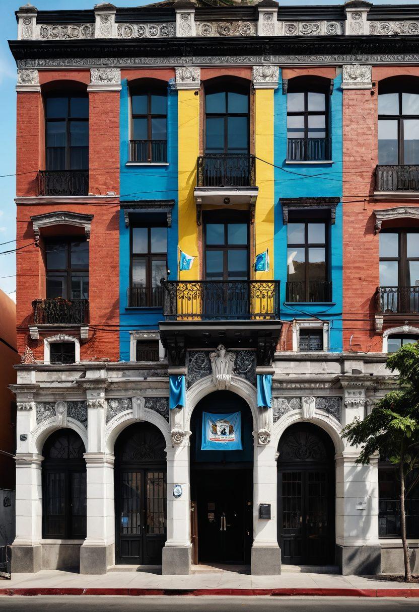 An inviting and modern digital hub featuring the Guatemalan flag and the embassy's intricate architecture at the forefront. Surrounding the building are various symbols representing news and events, like newspapers, calendars, and news clips. Incorporate vibrant patterns and traditional Guatemalan textiles as background elements, symbolizing cultural richness. The scene conveys a sense of community and connectivity. super-realistic. vibrant colors. clean layout.