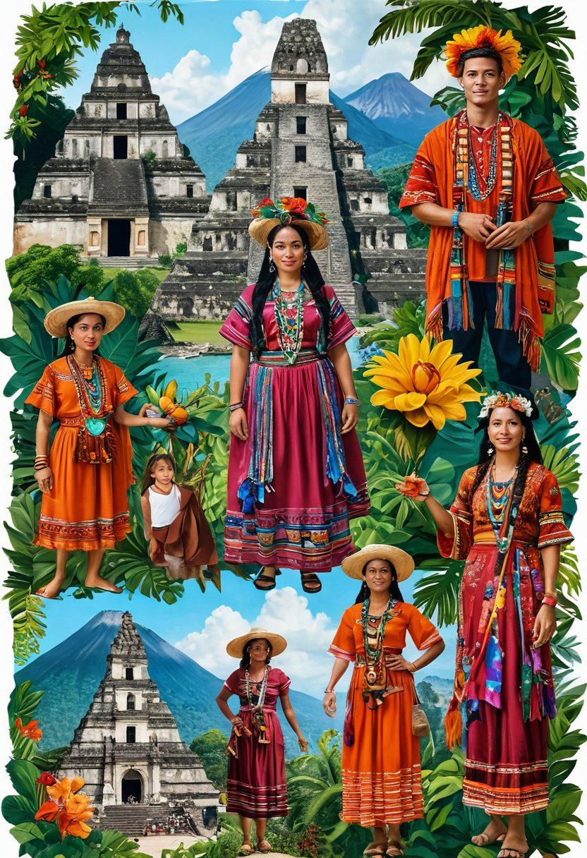 A vibrant collage showcasing the rich culture of Guatemala, featuring traditional clothing, colorful markets, iconic landmarks like Tikal, friendly locals engaging in community activities, and elements symbolizing consular services. The scene is bursting with colors, incorporating lush greenery and intricate textiles to reflect the country's heritage. super-realistic. vibrant colors. white background.